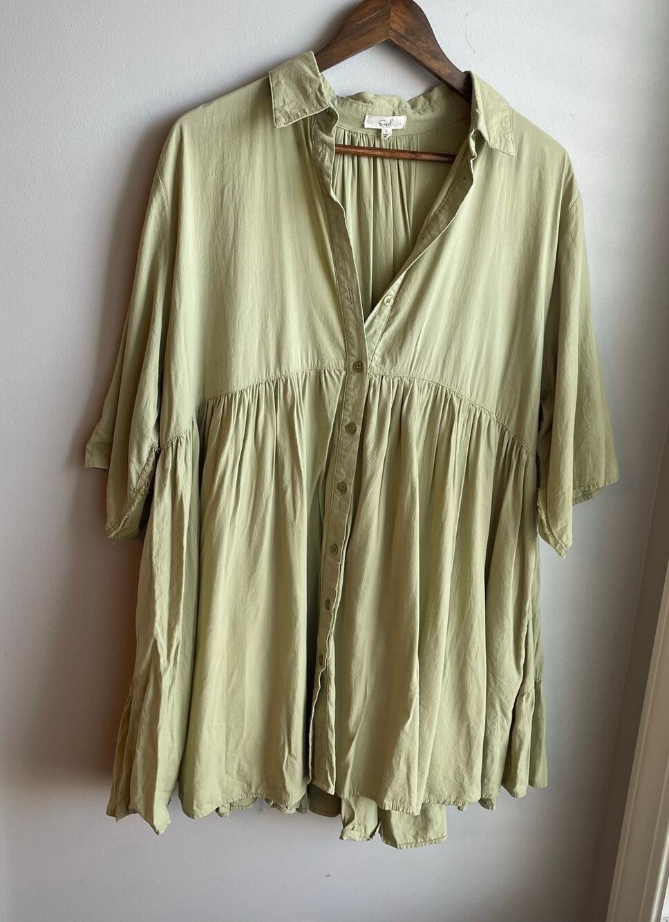 Easel BabyDoll Mini Shirt Dress Button Front Sage Green Cotton Blend sz L